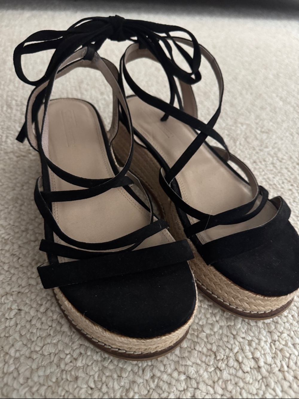 ASOS Black Lace-Up Espadrille Wedge Sandals with Natural Jute Trim